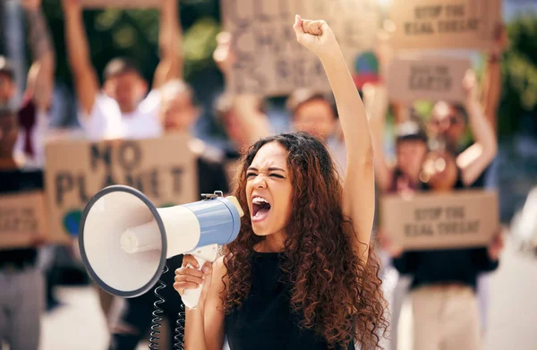 Young Woman Shouting Loudhailer Protest — Φωτογραφία Αρχείου