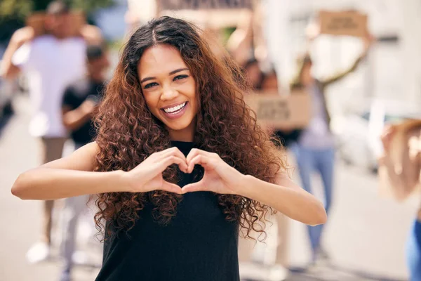 Young Female Protestor Forming Heart Shape Protest Rally —  Fotos de Stock