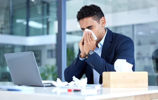 One Sick Mixed Race Business Man Blowing Runny Nose Tissue — Foto Stock