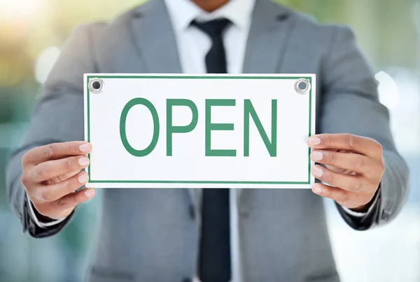 Unrecognizable Businessman Holding Open Sign While Standing Office — Fotografia de Stock