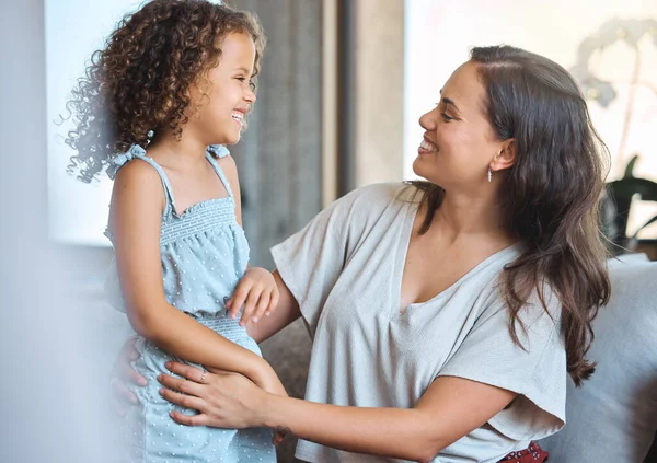 Adorable Little Girl Loving Mother Talking Laughing While Spending Time — Stok fotoğraf