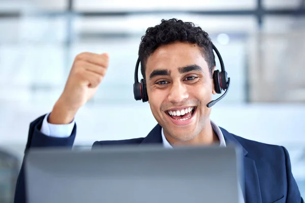 One Happy Young Mixed Race Male Call Centre Telemarketing Agent — Stockfoto