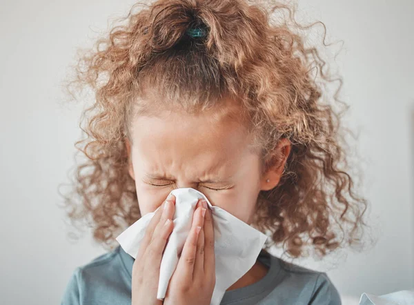 Little Sick Girl Blowing Her Nose Home — Foto Stock