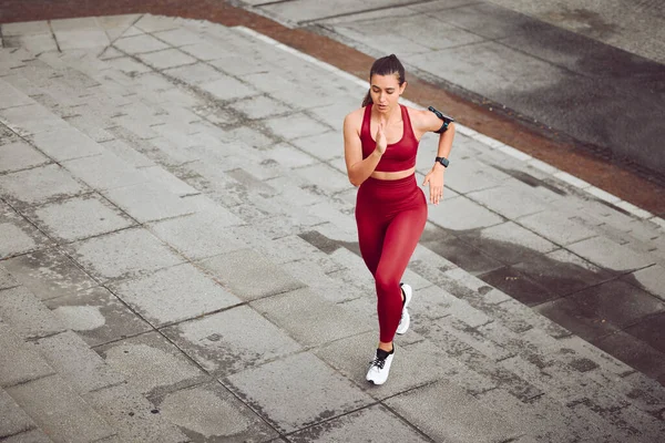 High Angle Shot Attractive Young Female Athlete Running Outdoors — Stock Photo, Image