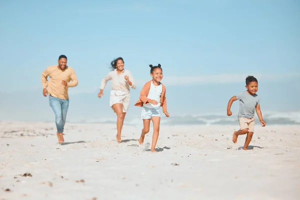 Cheerful Young Mixed Race Family Running Beach Happy Mother Father — Zdjęcie stockowe