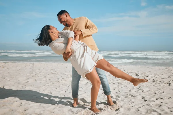 Loving Young Mixed Race Couple Dancing Beach Happy Young Man — Stockfoto