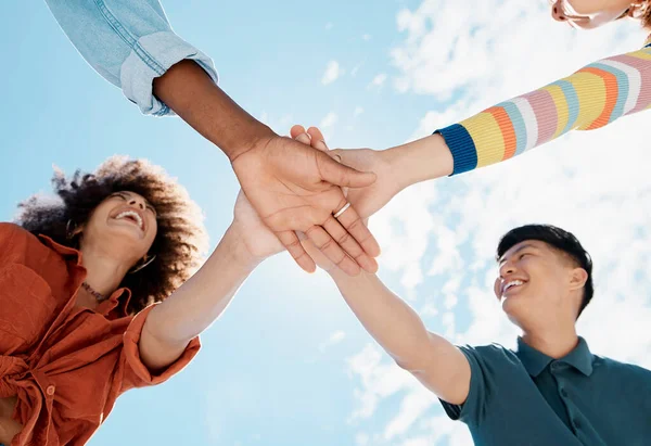 Low Close View Group Diverse Young Friends Joining Hands Huddle — Foto de Stock