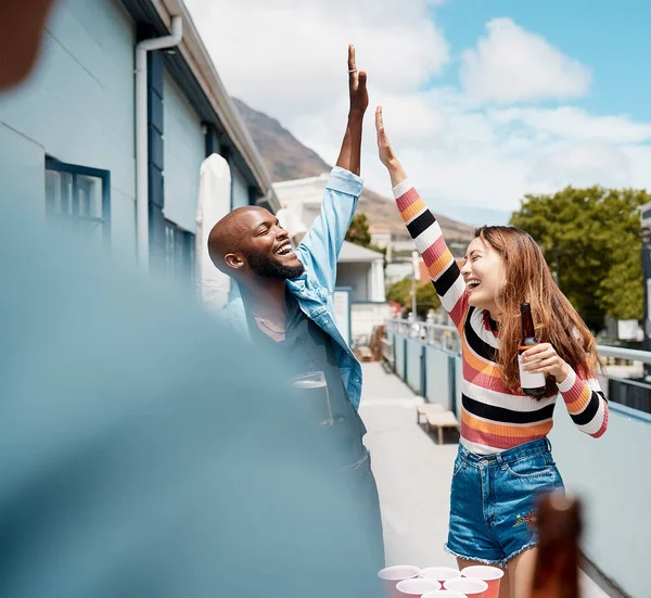 Cheerful African American Man Doing High Five Gesture Mixed Race — 스톡 사진