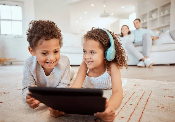 Little Brother Sister Using Digital Tablet Together Home — Stockfoto
