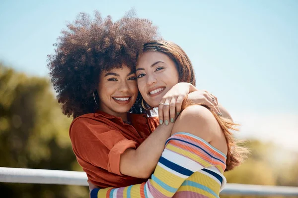 Portrait Two Young Mixed Race Female Friends Embracing Each Other — Stockfoto