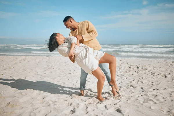 Loving Young Mixed Race Couple Dancing Beach Happy Young Man — Stockfoto