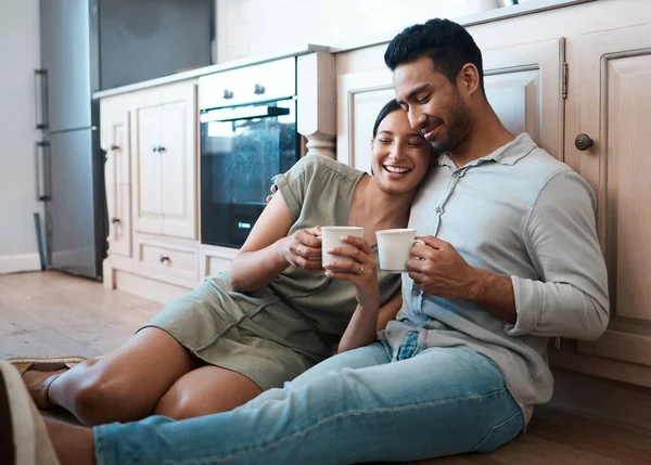 Young Couple Having Cup Coffee Together Home — Foto Stock