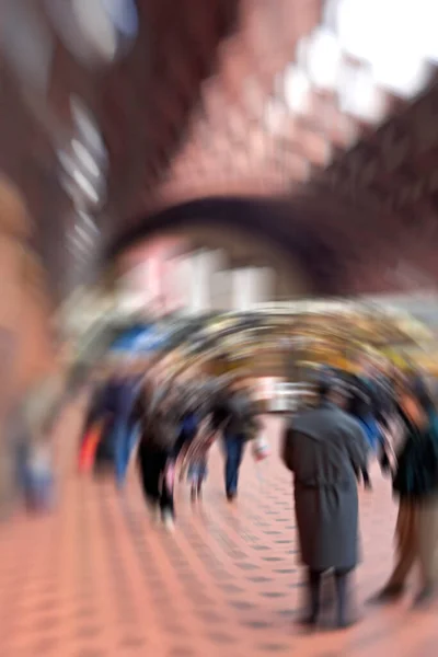 Lens Dizzy Motion Blur Many People Walking Train Station Subway — 图库照片