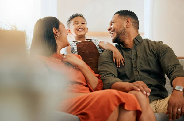 Happy Mixed Race Family Three Relaxing Lounge Together Loving Black — Foto de Stock
