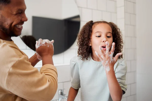 Happy Mixed Race Father Daughter Washing Hands Together Bathroom Home — Stockfoto