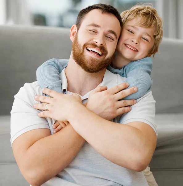 Cute Little Smiling Caucasian Boy Hugging Dad Home Carefree Happy — стоковое фото