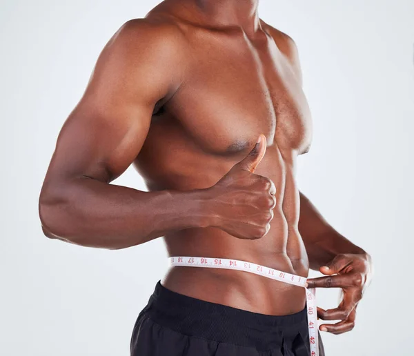One Unrecognizable African American Fitness Model Posing Topless Tape Measure — Stock fotografie