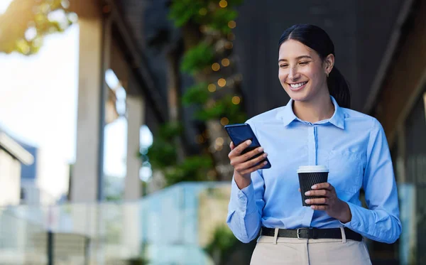 Young Mixed Race Happy Businesswoman Using Social Media Phone While — Stockfoto