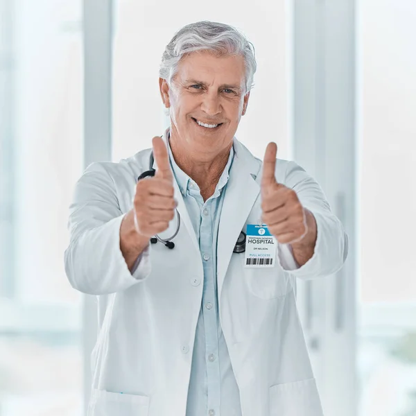 Doc Take Care You Portrait Mature Doctor Showing Thumbs Hospital — Foto de Stock
