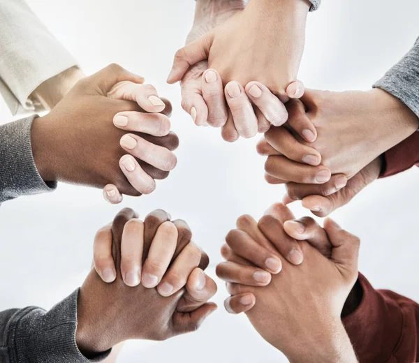 Close View People Holding Hands Circle Shape Group People Putting — Zdjęcie stockowe