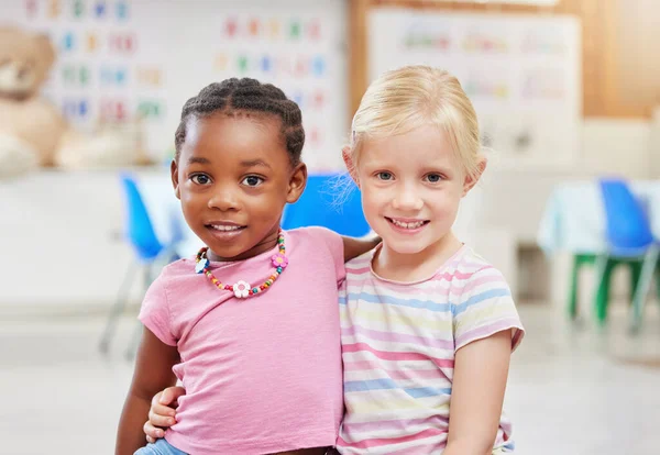 Two Little Girls Sitting Next Each Other Class — Photo