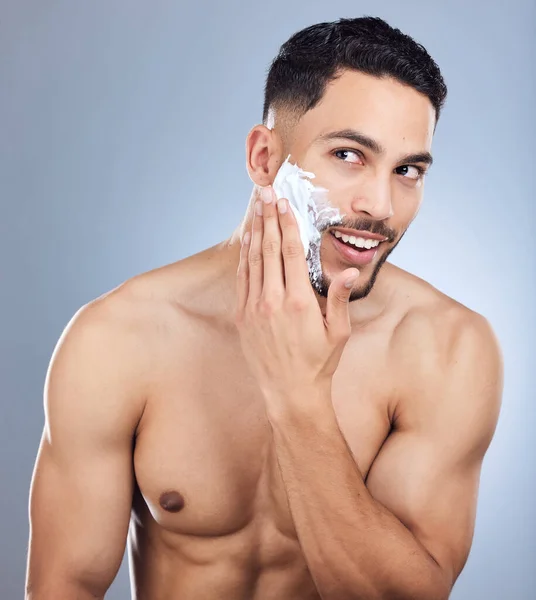 Handsome Young Man Applying Shaving Foam His Face Studio Background — Foto de Stock