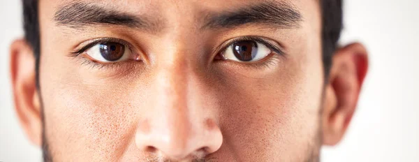 Closeup Unknown Asian Mans Face Eyes Looking Forward Camera Zoom — Stock Photo, Image
