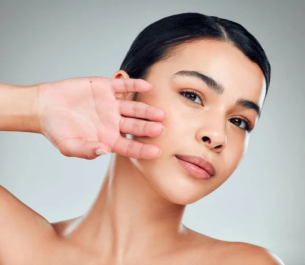 Portrait Beautiful Mixed Race Woman Touching Smooth Soft Skin Studio — Stock Photo, Image