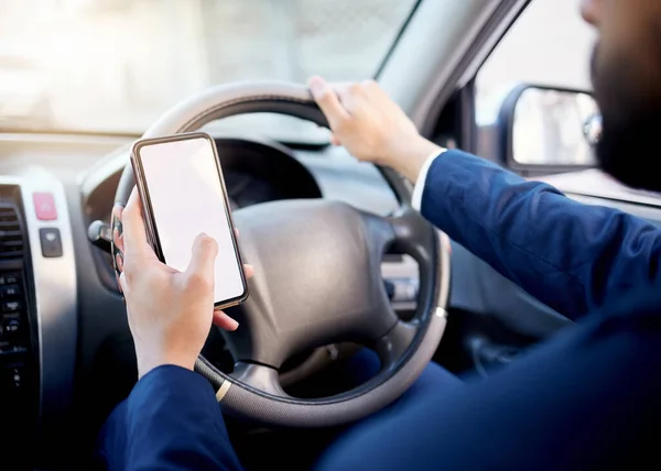 Closeup Shot Unrecognisable Businessman Using Cellphone While Driving Car — Stockfoto