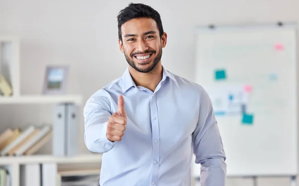 Young Happy Handsome Mixed Race Businessman Showing Thumbs Standing Office —  Fotos de Stock