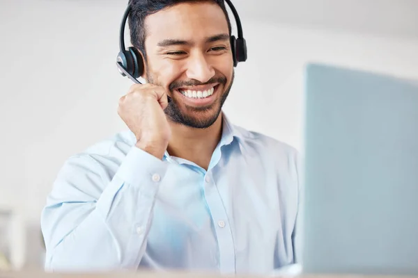 Smiling Mixed Race Male Call Centre Agent Smiling While Wearing — Foto de Stock