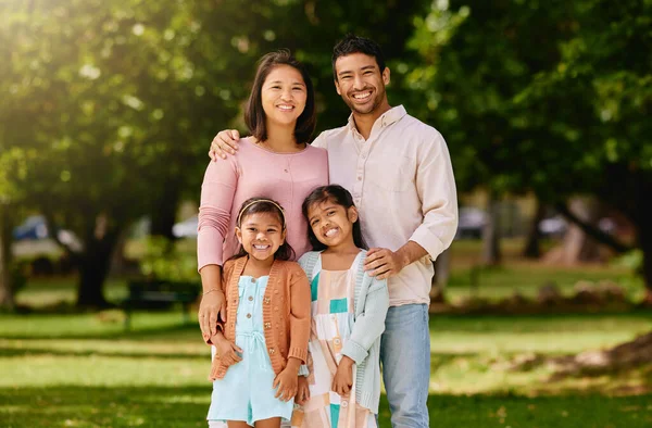 Portrait Happy Mixed Race Family Standing Together Public Park Sunny — 스톡 사진