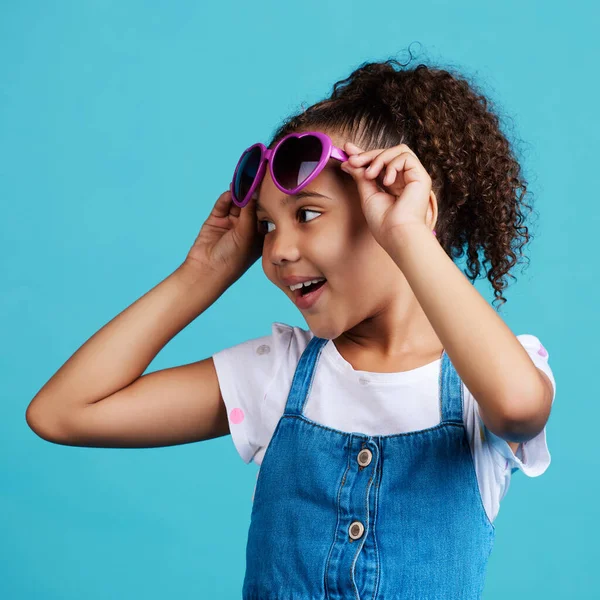 Adorable Little Girl Posing Blue Background — Foto Stock