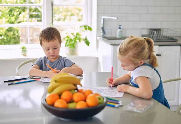 Caucasian siblings drawing pictures together. Brother and sister doing homework. Children colouring in sketches in their kitchen. Little girl drawing with her brother.Kids drawing art.