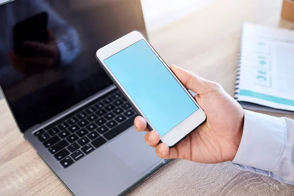 Closeup Businessman Browsing Internet Cellphone Office Mixed Race Professional Standing — Stockfoto