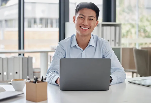 Asian businessman working on his laptop. Portrait of young asian businessman working in a modern office. Happy businessman typing on his laptop. Professional entrepreneur working on his computer.