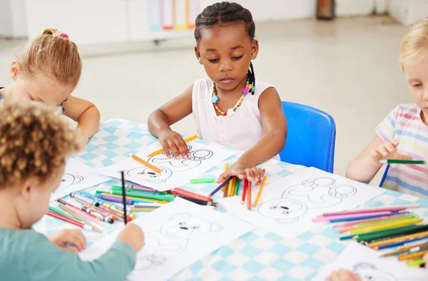 Diverse Group Children Sitting Table Colouring Pre School Kindergarten Group — Photo
