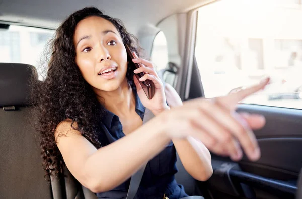 Young Businesswoman Talking Cellphone While Travelling Car — 스톡 사진
