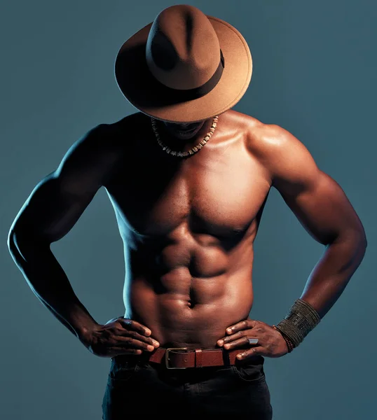 Fashionable African American Model Posing Shirtless Blue Studio Background Copyspace — 스톡 사진