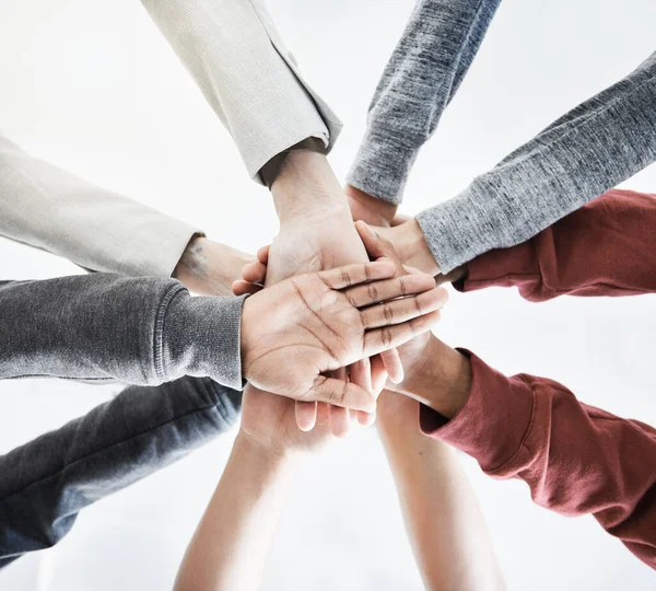 Low View Group Businesspeople Stacking Hands Support Colleagues Standing Meeting — Foto de Stock