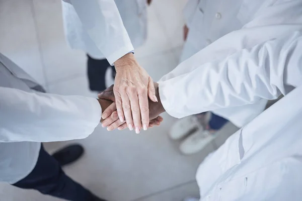 Group Unrecognisable Scientists Stacking Joining Hands Unity Support While Standing — Foto Stock