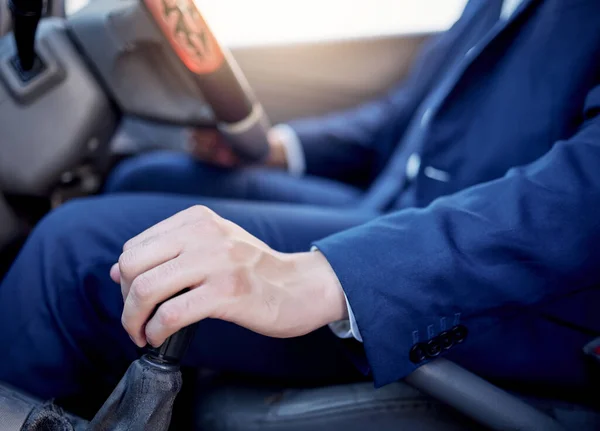 Closeup Shot Unidentifiable Businessman Changing Gears While Driving Car — 图库照片