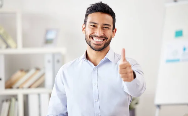 Multiracial Businessman Thumbs Portrait Young Businessman Work Thumbs Gesture Happy — Foto de Stock