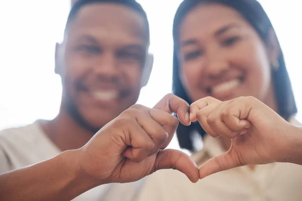 Closeup Happy Mixed Race Couple Forming Heart Shape Hands Two — Zdjęcie stockowe