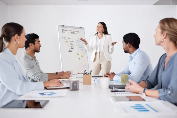 Attractive Young Businesswoman Giving Presentation Boardroom — Zdjęcie stockowe