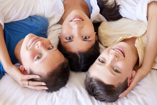 Portrait Mixed Race Family Bed Together Mother Her Adoptive Sons — Foto Stock