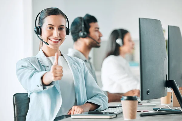 Portrait Young Call Centre Agent Showing Thumbs While Working Office — Foto de Stock