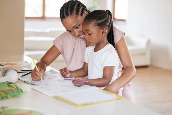 African American Girl Doing Homework Her Mom Beautiful Black Woman — Stockfoto