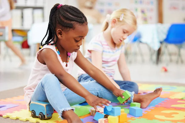 Little African American Girl Classmate Playing Colourful Educational Toy Blocks — Photo