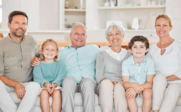 Cropped Portrait Two Adorable Little Kids Sitting Sofa Home Parents — стоковое фото